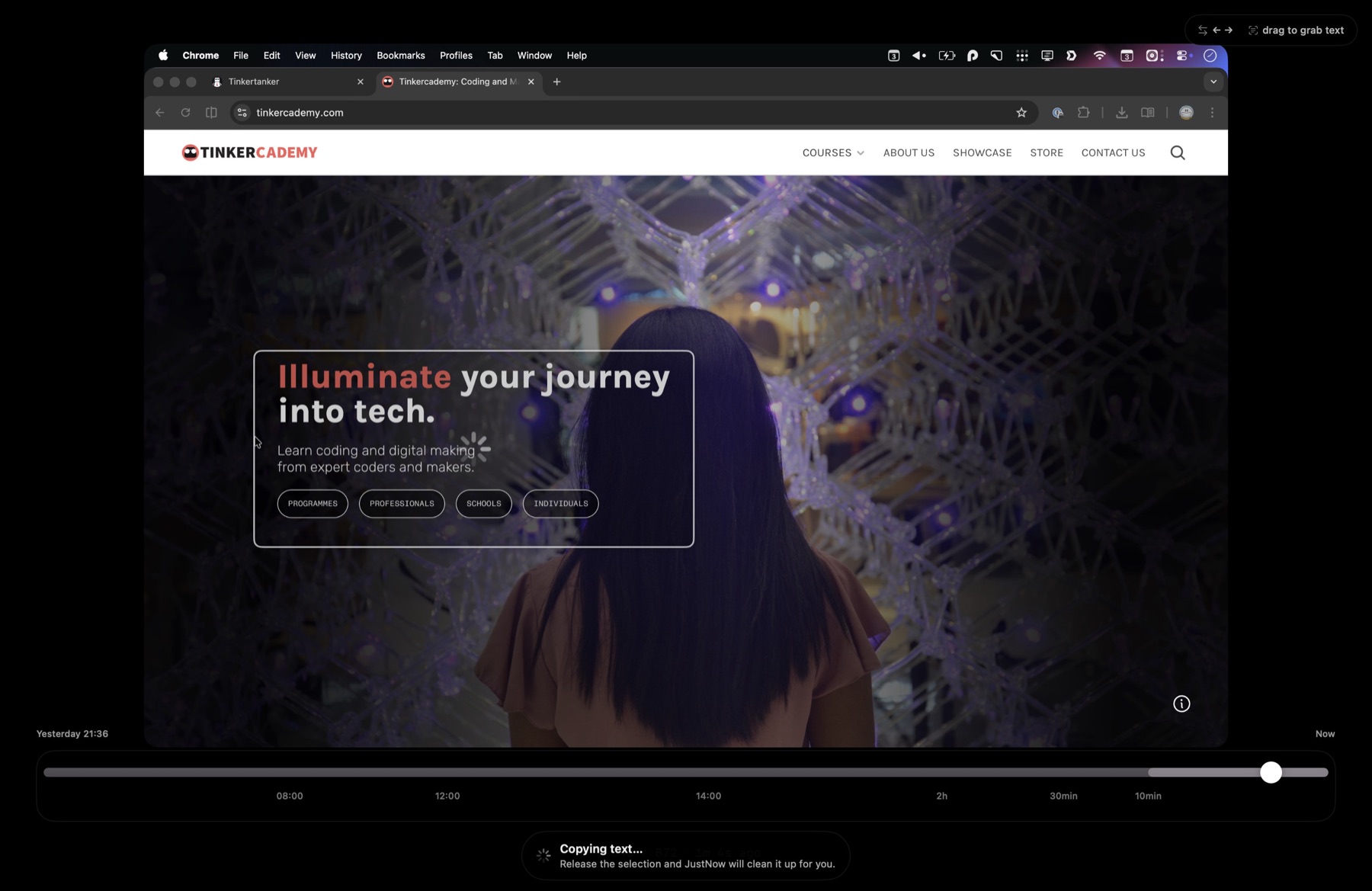JustNow's rewind overlay showing a recent browser frame and drag-to-grab text selection